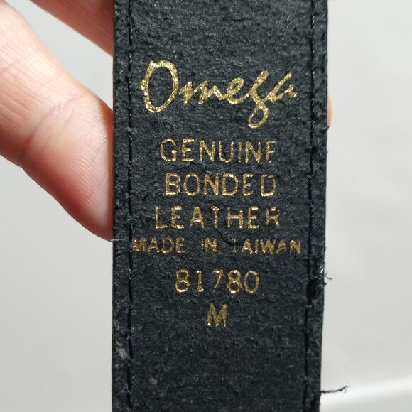 Omega Genuine Bonded Black Leather Belt with Gold X Trim and Buckle Size Medium - Picture 2 of 9